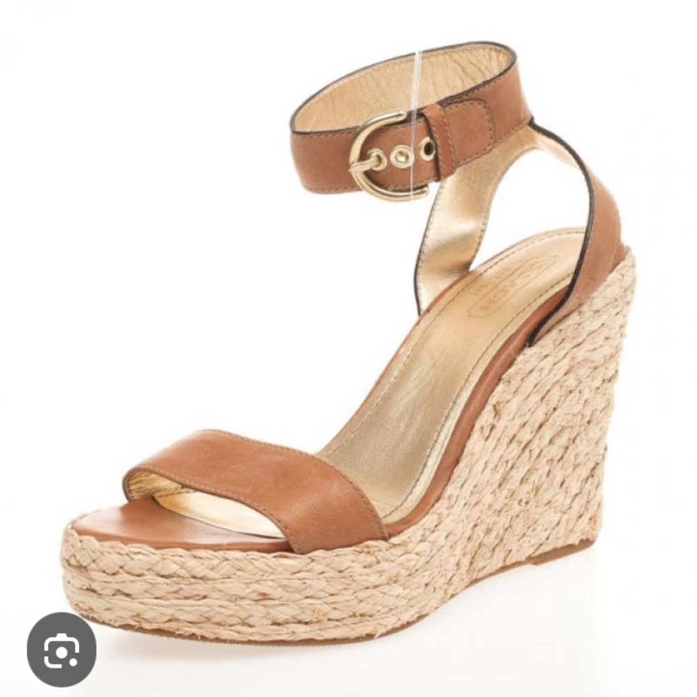 Coach Tan Leather Espadrille Wedge Sandals